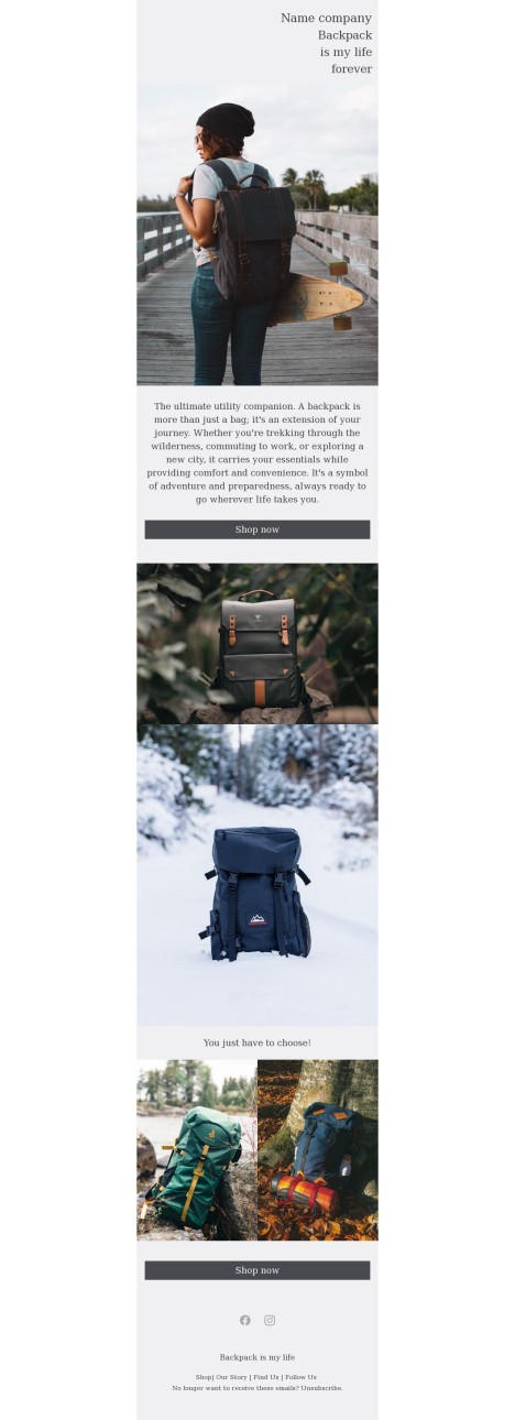 Email template preview of template: Backpack shop