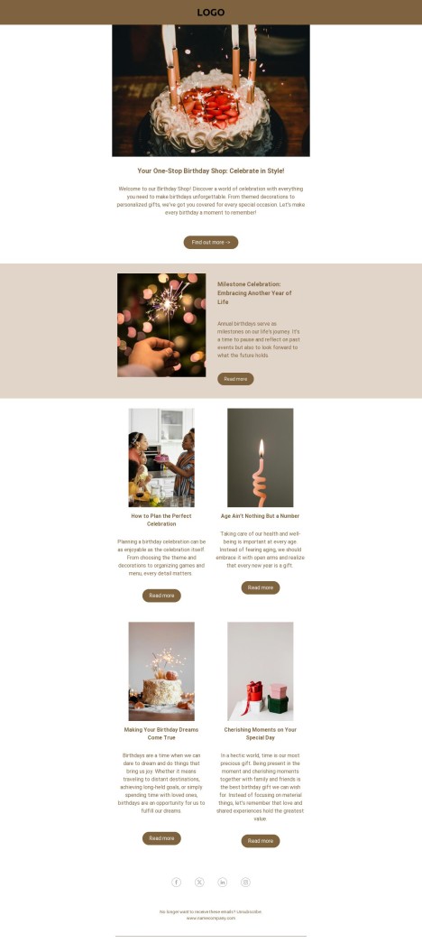 Email template preview of template: Birthday Shop