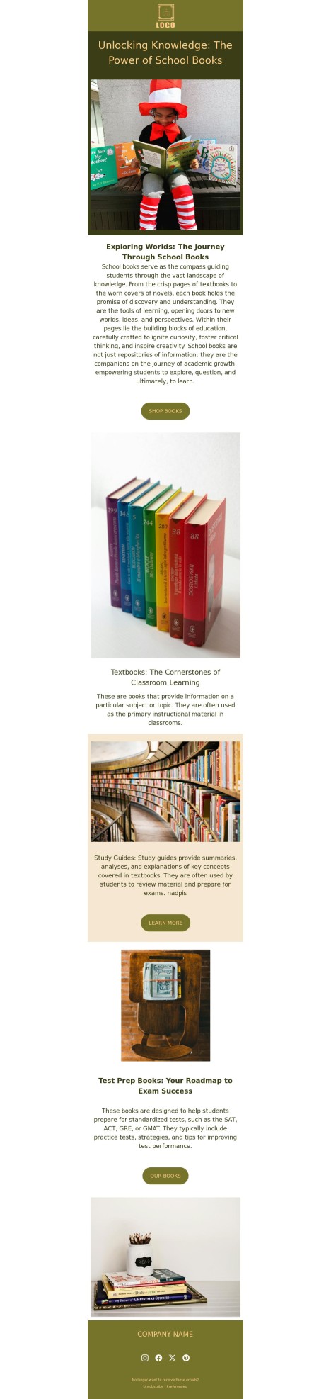 Email template preview of template: Article about books for school