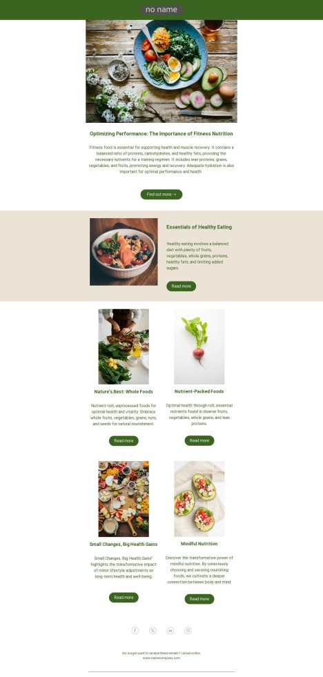 Email template preview of template: Article about fitness healthy food
