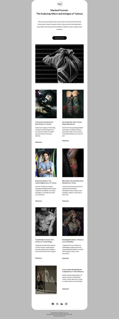 Email template preview of template: Article about tattoo