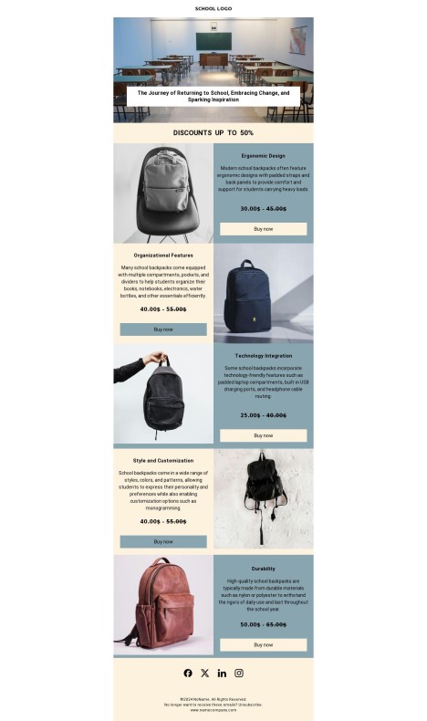 Email template preview of template: Back to school