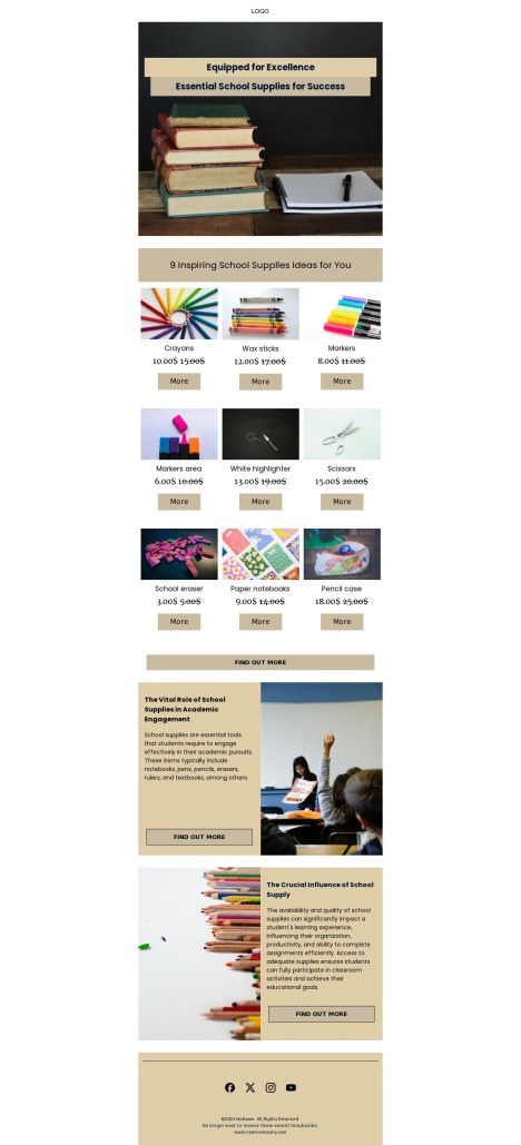 Email template preview of template: School supplies