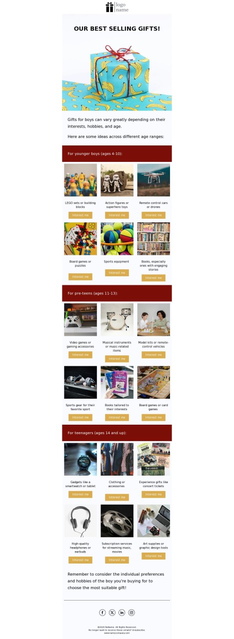 Email template preview of template: Gifts for boys