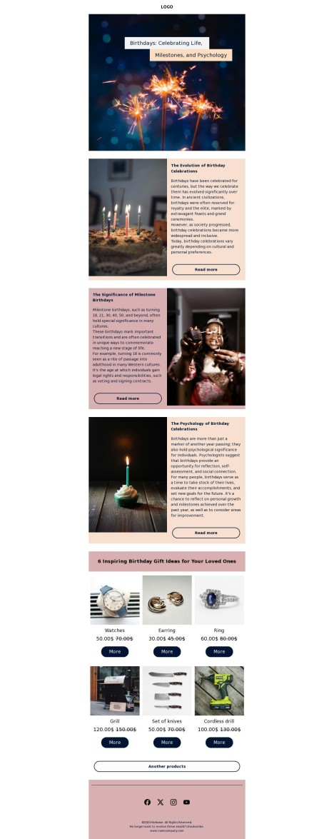 Email template preview of template: Birthday gifts