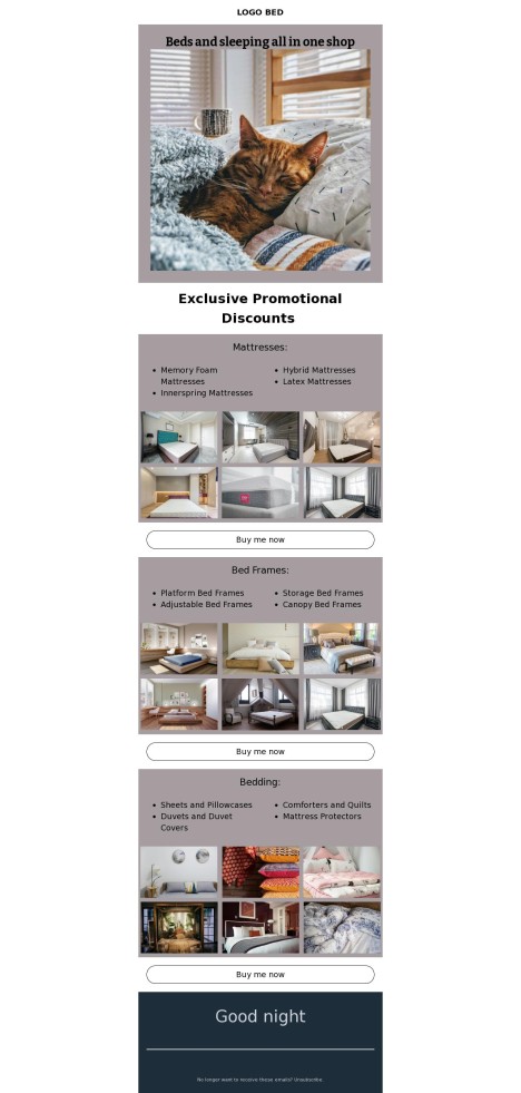 Email template preview of template: Beds and sleeping