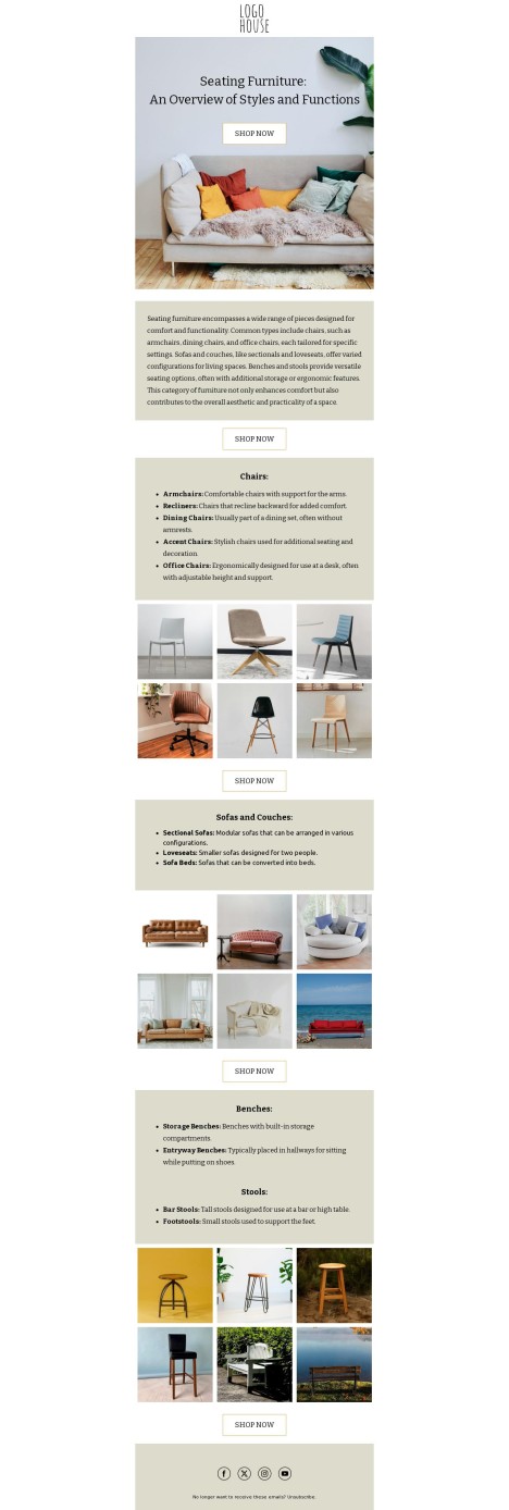 Email template preview of template: Seating Furniture