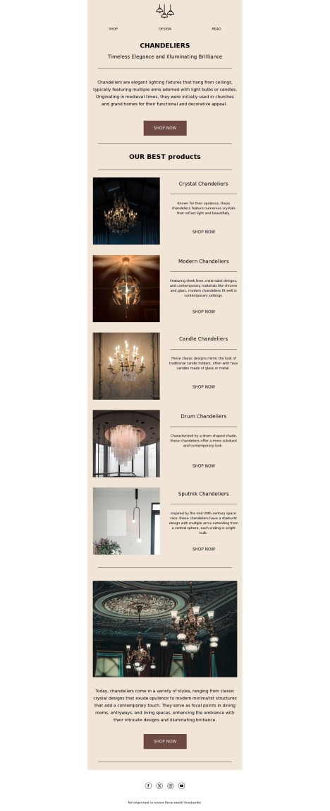 Email template preview of template: Chandeliers