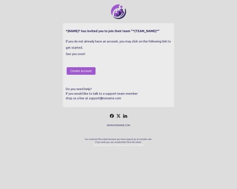Email template preview of template: Team invitation for not existing user